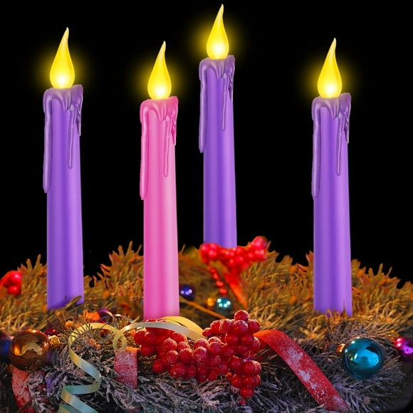 HZXC-4 Pcs LED Flameless Christmas Advent Candle Set Purple Pink Taper Candles for Church Advent Wreath Rituals Holiday, 10 Inch(Melted)