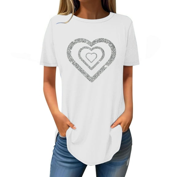 yillto Women's Oversized Shirts Short Sleeve Crewneck Sequin Heart Graphic Loose Causal Summer Tops