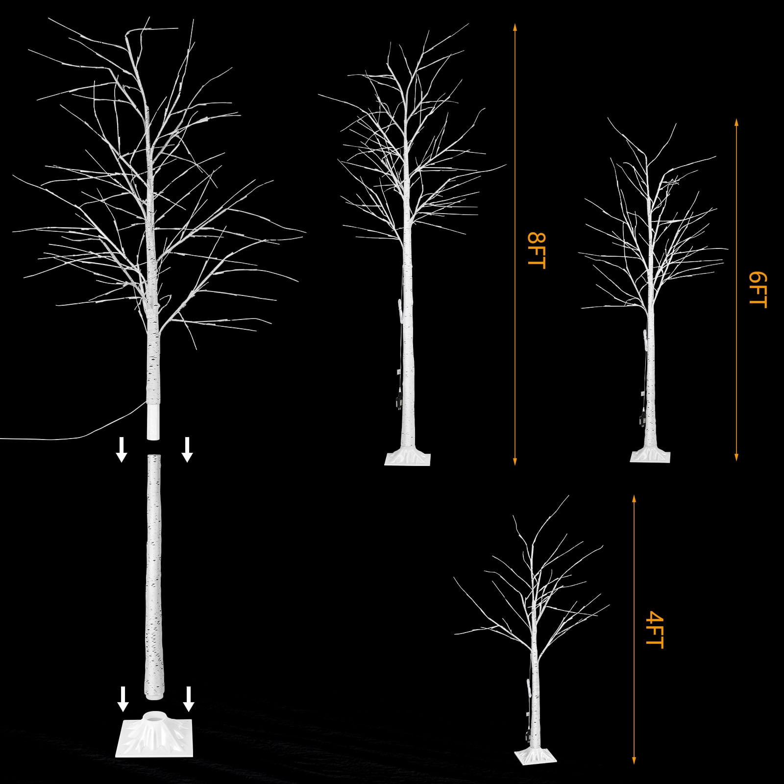 Set of 3 Lighted Birch Tree Artificial Twig Tree Lamp for Christmas (4 ft, 6 ft, 8 ft)