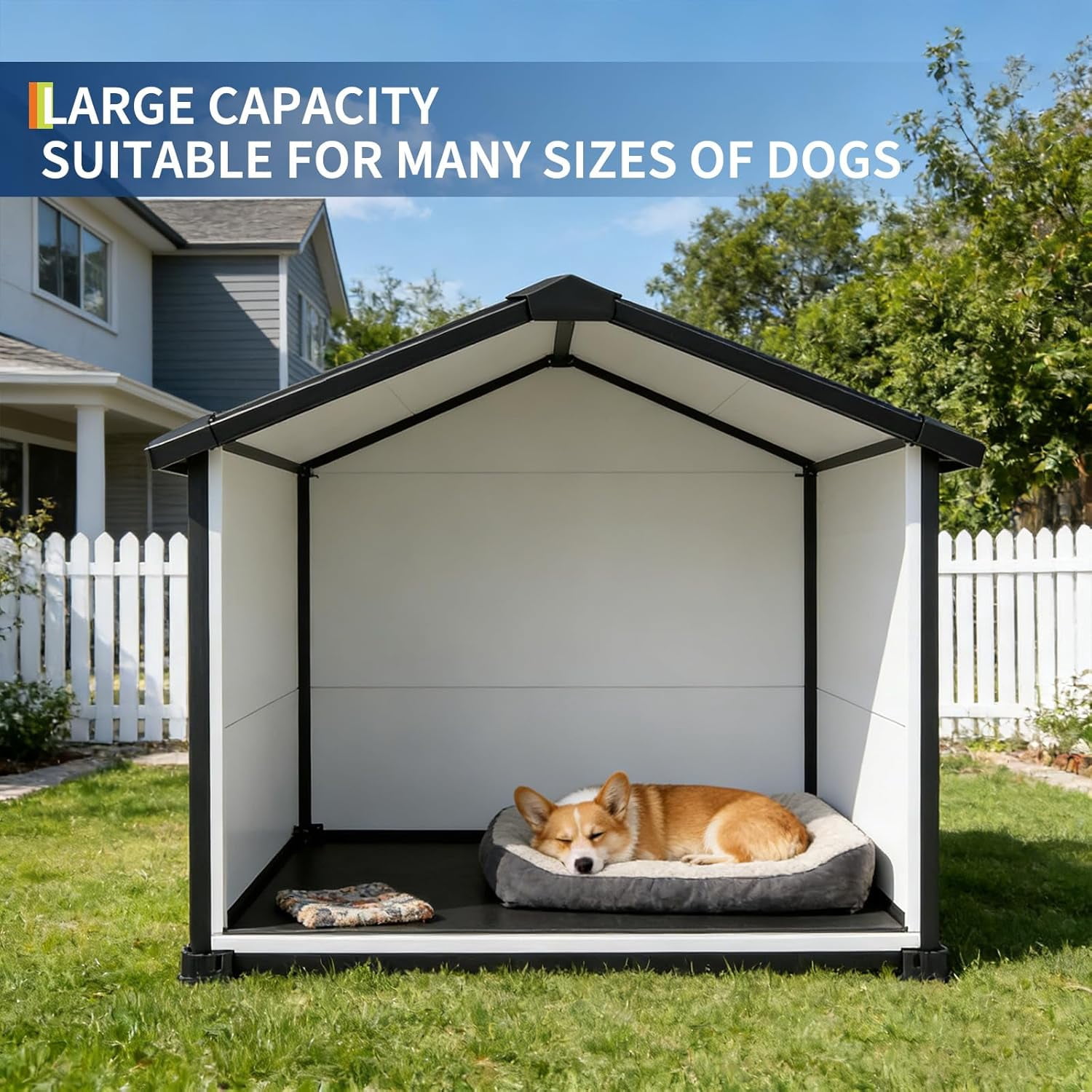 QinaQin Large Dog House,Waterproof Resin Plastic Doghouse with Elevated Floor & Air Vents for for Outdoor & Indoor Use,Durable & Easy Assembly,Black