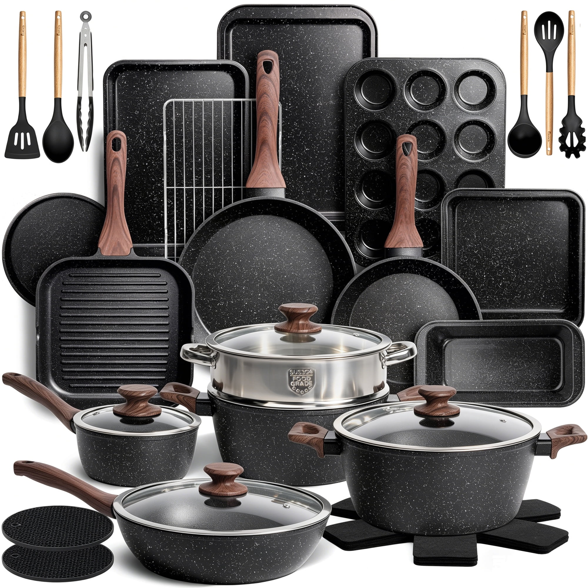 Kikcoin 34-Piece Pots and Pans Set, Dishwasher-Safe Non Stick Pots and Pans with Utensils, Premium Bakeware and Cookware Set for Kitchen, Black