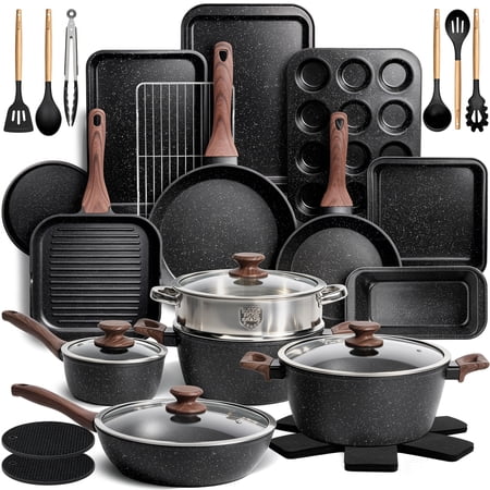 Kikcoin 34-Piece Pots and Pans Set, Dishwasher-Safe Non Stick Pots and Pans with Utensils, Premium Bakeware and Cookware Set for Kitchen, Black