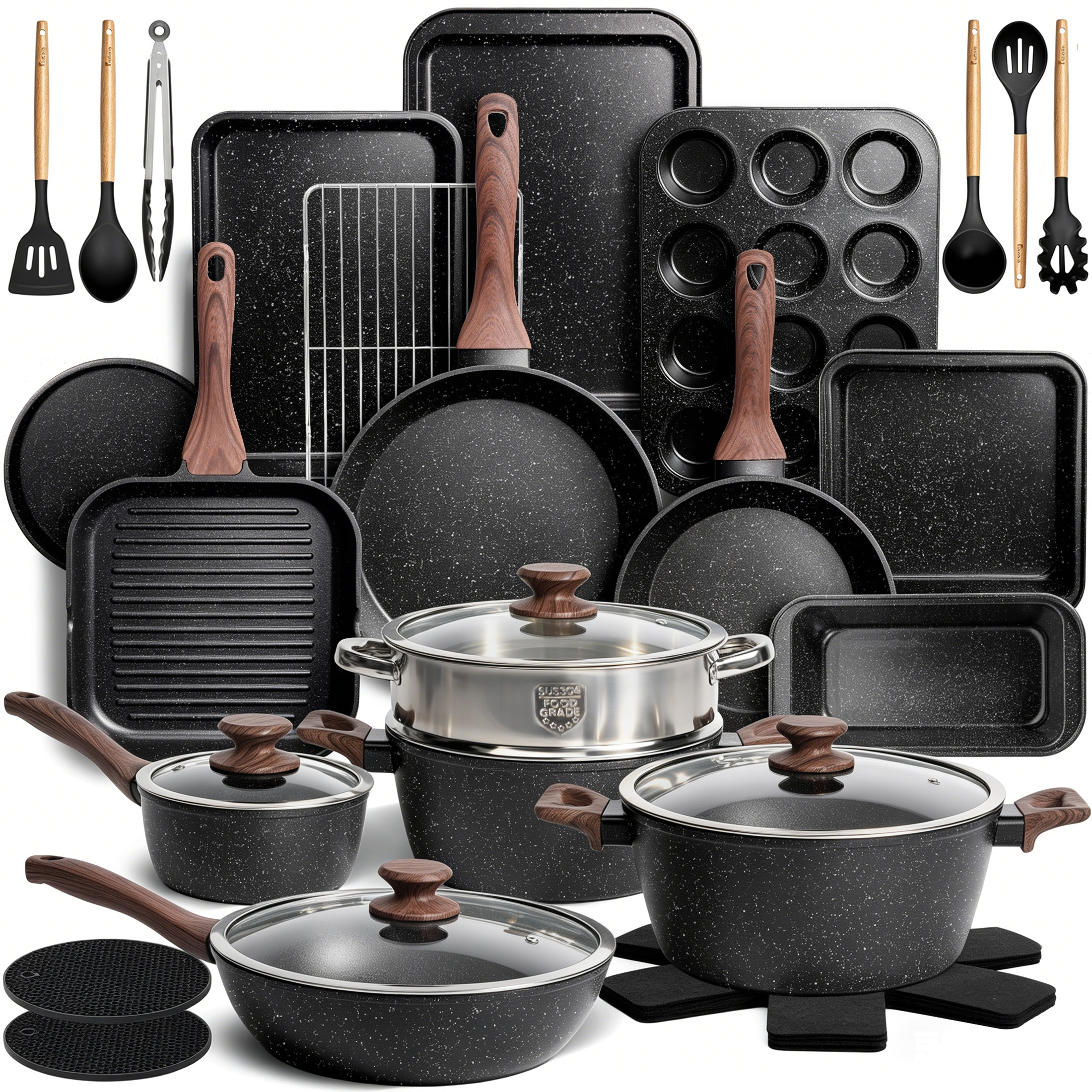 Kikcoin 34-Piece Pots and Pans Set, Dishwasher-Safe Non Stick Pots and Pans with Utensils, Premium Bakeware and Cookware Set for Kitchen, Black