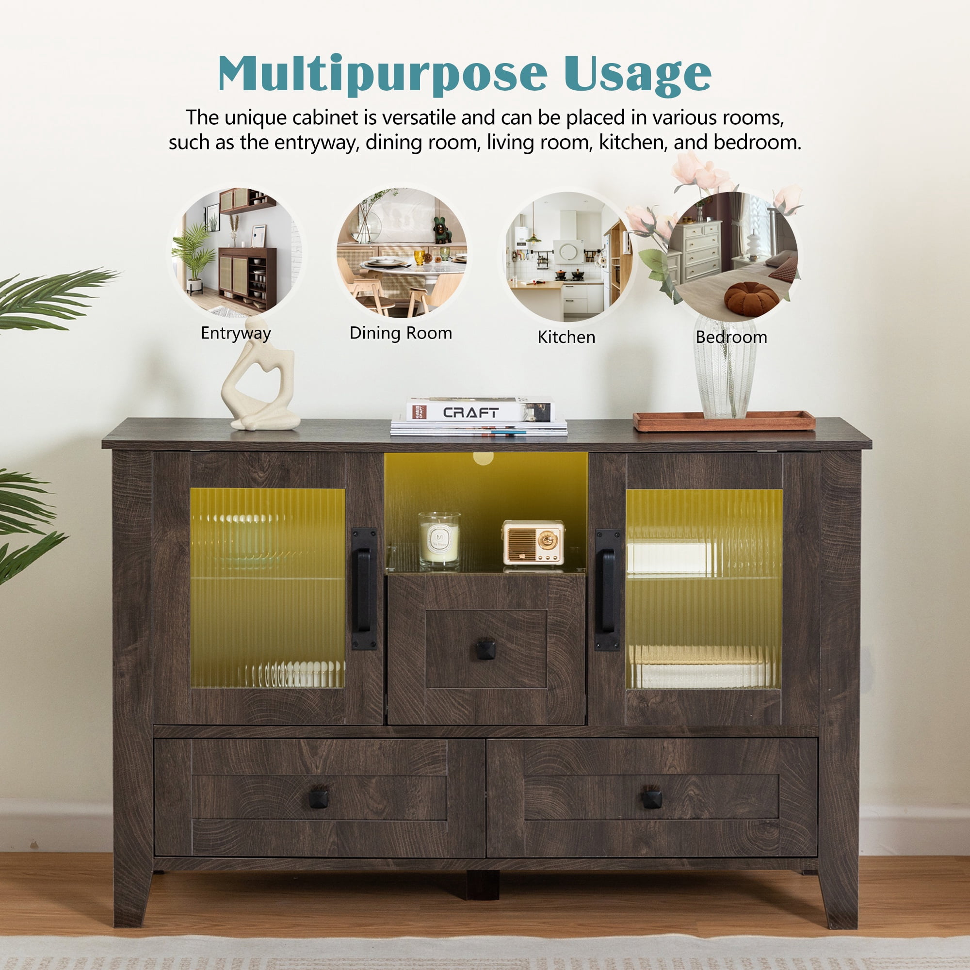PORKISS Sideboard Cabinet, Modern Sideboard Buffet Cabinet with Lights and Drawers, Coffee Bar Cabinet with Glass Doors and Shelves, Wood Storage Cabinet for Kitchen, Hallway, Gray