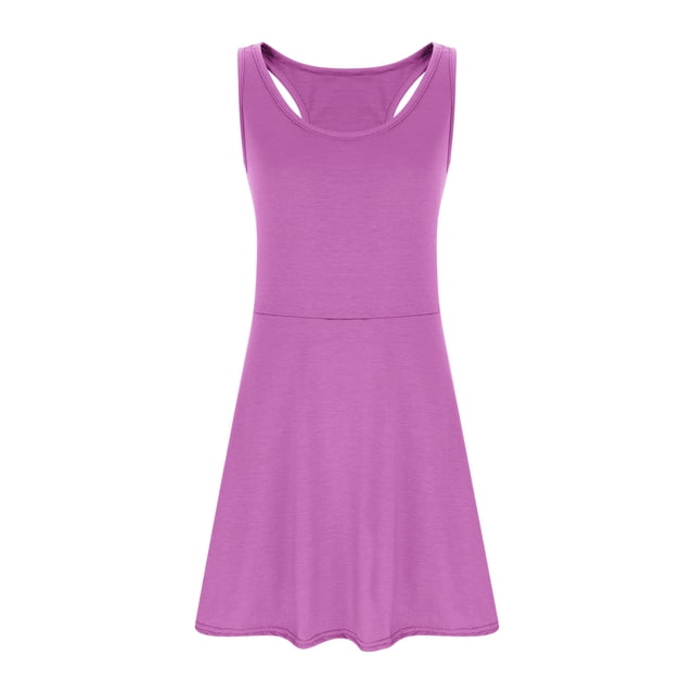 Rhuody Robes pour Filles Été Robe Sans Manches Couleur Unie Coupe Ajustée Robe de Tennis pour Enfants Taille Extensible Robe de Jeu Extérieure Robe à Col Rond Robe d'Été Combinaison Mignonne Violet 6-7 Ans