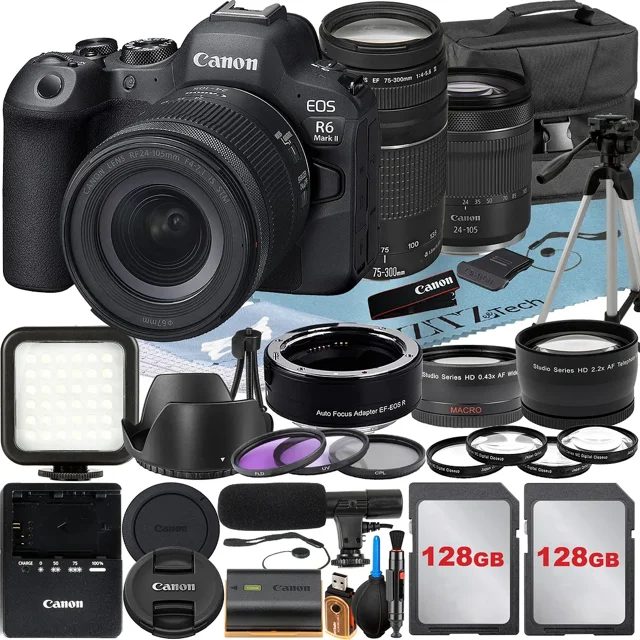 Canon EOS R6 Mark II Mirrorless Camera with RF 24-105mm Lens + EF 75-300mm + Mount Adapter + 2 Pack 128GB Memory Card + LED Flash + Case + ZeeTech Accessory