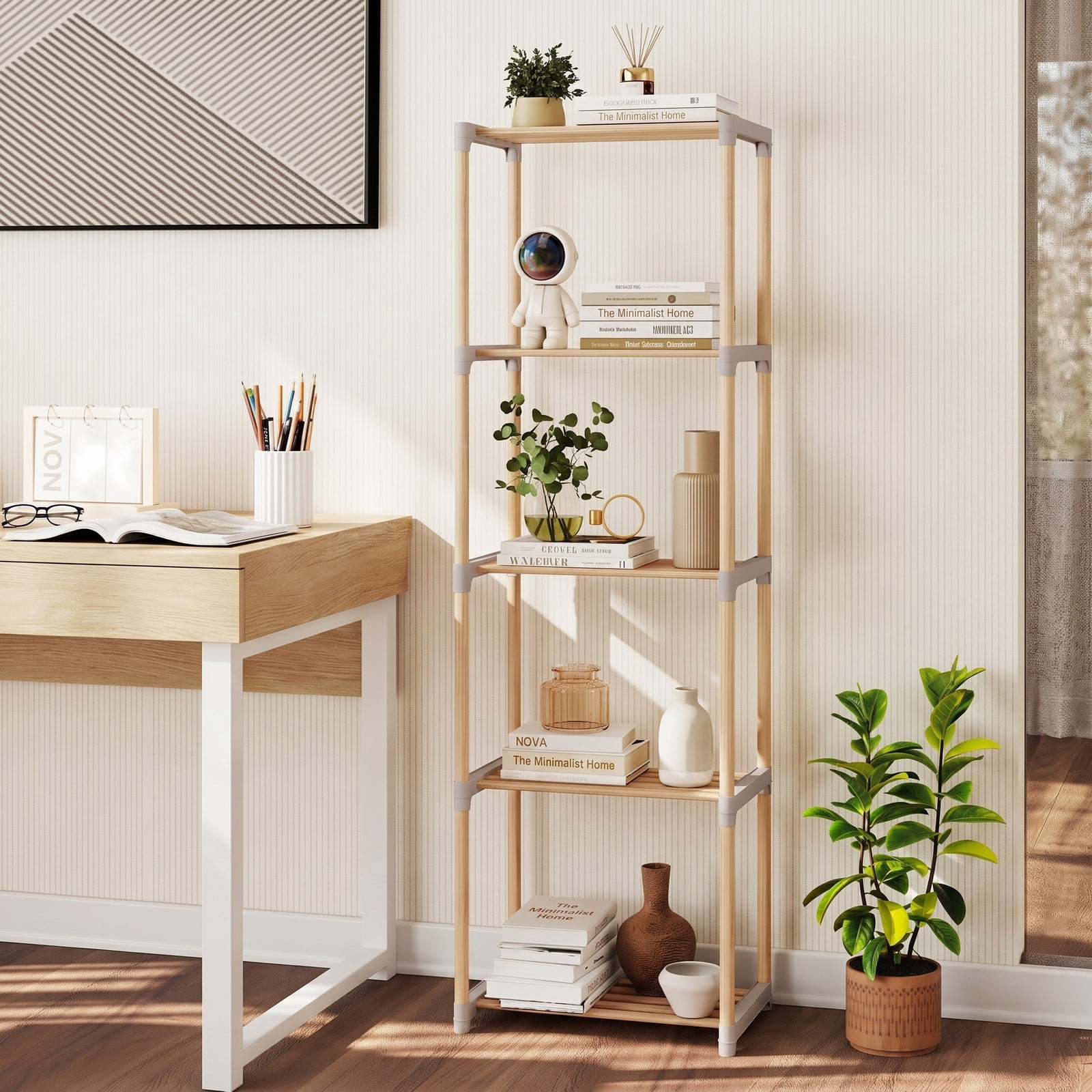 Furnibear 5-Tier Bookshelf Open Wood Bookcase Tall Storage Shelf Organizer for Home Office Living Room Bathroom, Natural and Gray