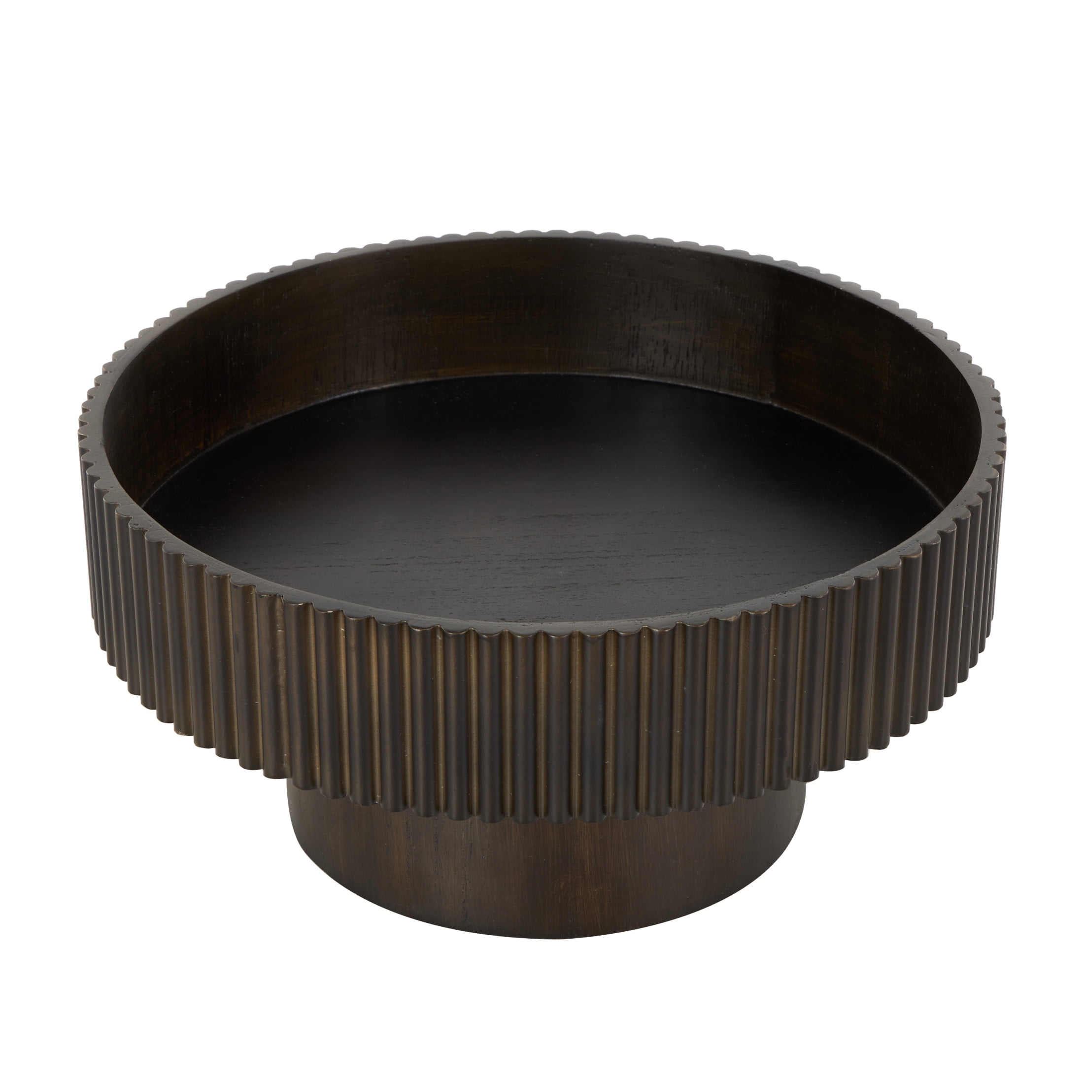 DecMode 14" Round Ribbed Dark Brown Wood Decorative Bowl with Elevated Base