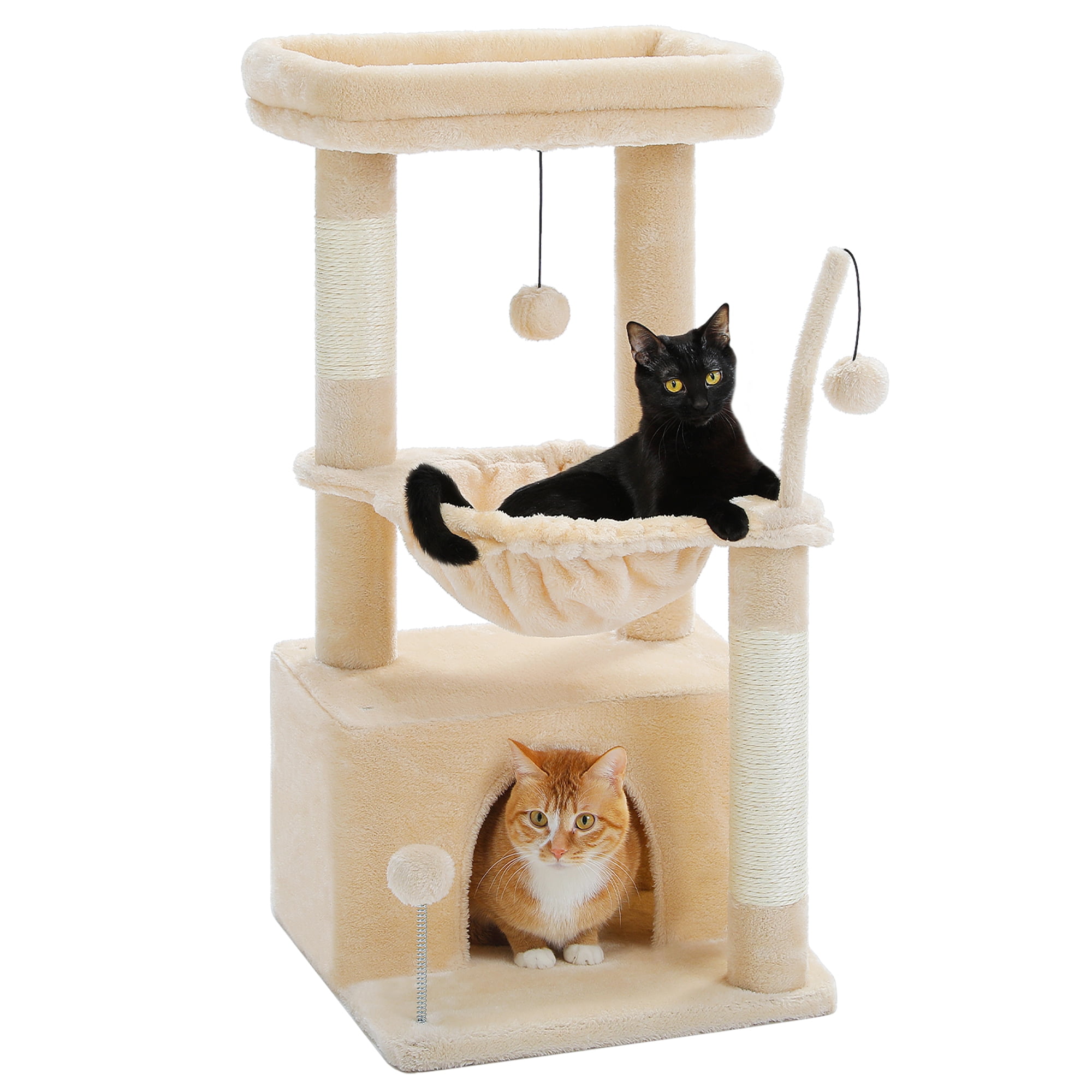 PAWZ Road Cat Tree 33" Cat Scratching Posts Tower with Large Top Perch and Hammock for Medium Indoor Cats, Beige