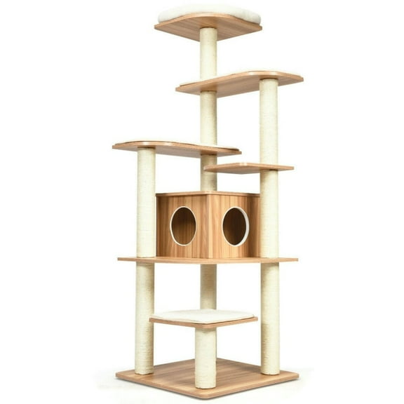 YYAo Large Cat Tree, Luxury Cat Tower Cat Condo, Cat Play House, 7-Layer Wooden Cat Tree Tall Cat Tower with Sisal Posts and Condo-Natural