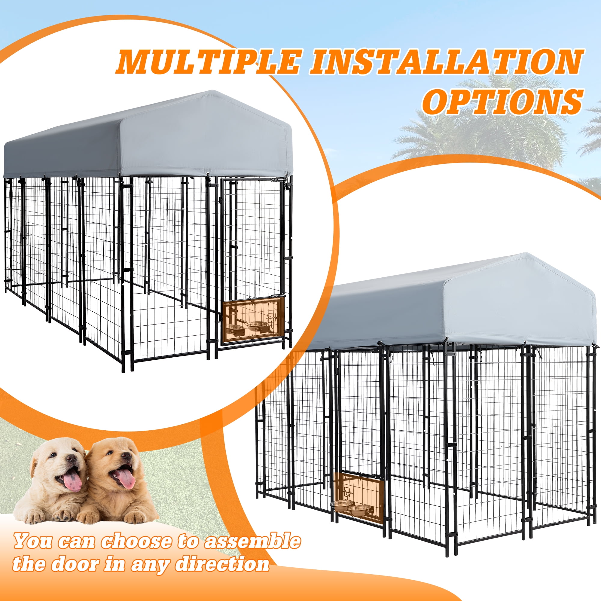 Magic Union 8x4x6 FT Outdoor Dog Kennel with Roof Cover, Heavy Duty Dog House Outside with Lockable Door, Indoor Dog Playpen Outdoor Dog Cage Pen Pet Fence with 2 Rotating Feeding Bowls for Large Dog