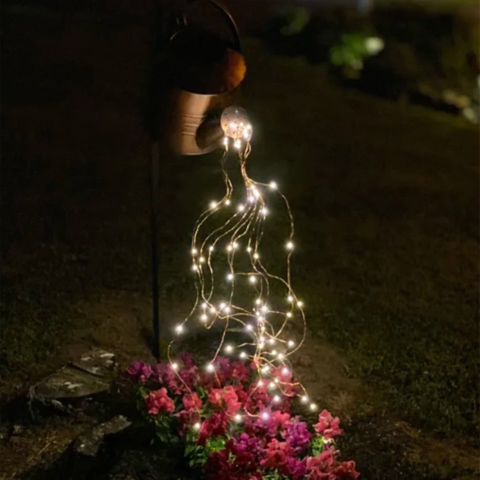 Garden Art Shower Lamp with Watering Can Design,Warm White LEDs,Battery-Powered,Disassemblable for Easy Assembly,Unique Light Decoration for Outdoor Garden（Shower Head+Light+Stand）