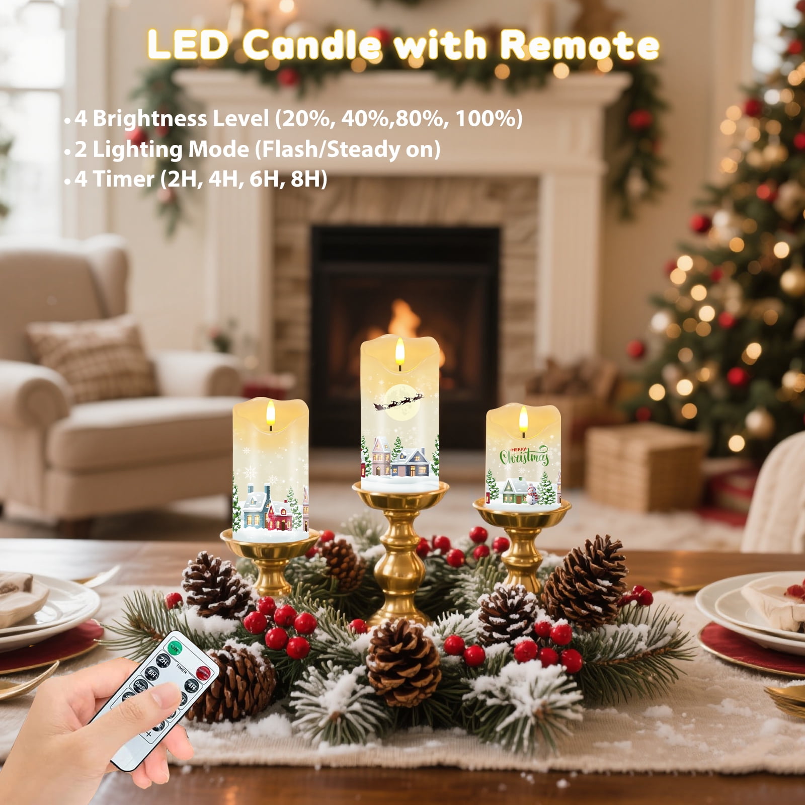 Christmas Flameless Candles, Set of 3 Flickering LED Candles with Remote & Timer, Dimmable Real Wax Electric Pillar Candles Battery Operated for Home Christmas Decor
