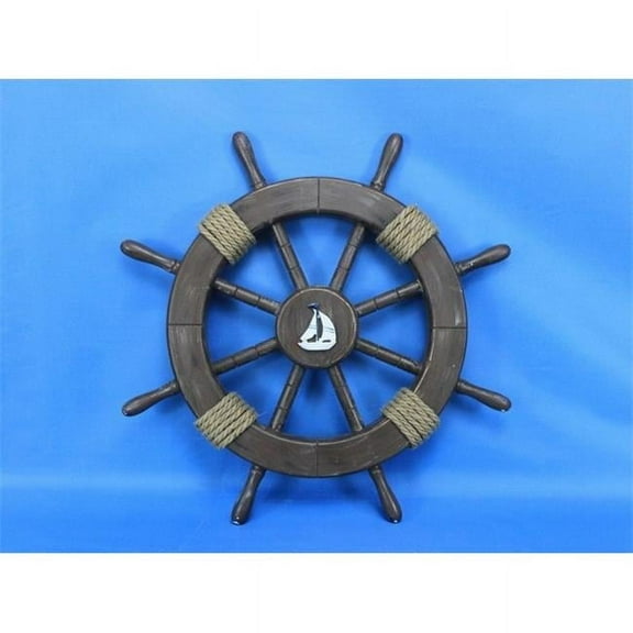 Handcrafted Decor Rustic-Wood-SW-Sailboat-18 Rustic Wood Finish Decorative Ship Wheel with Sailboat- 18 in.