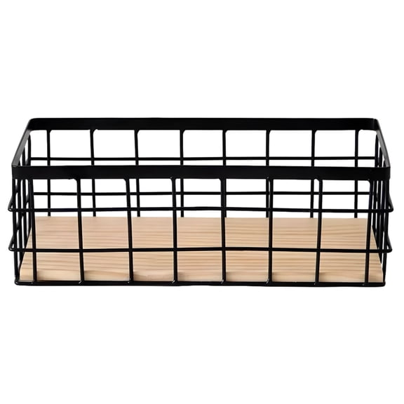 2 Pack Wire Wall Baskets with Wood Base – Black Metal Hanging Storage Baskets for Bathroom, Kitchen & Bedroom, Small Wall Shelf for Toiletries, Spices & Essentials