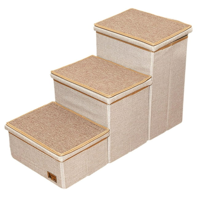 Almencla Escalier pour Chien à 3 Niveaux avec Compartiments de Rangement Résistant aux Rayures Rampe pour Chat Âgé Beige