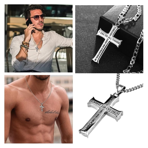 Stainless Steel Cross Pendant Necklace, Engraved Verse Jewelry for Men & Women
