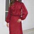 thumbnail image 4 of IDOPIP Women's Elegant Long Sleeve Satin Dress Mock Neck Elastic Waist Cocktail Party Maxi Dress, 4 of 7