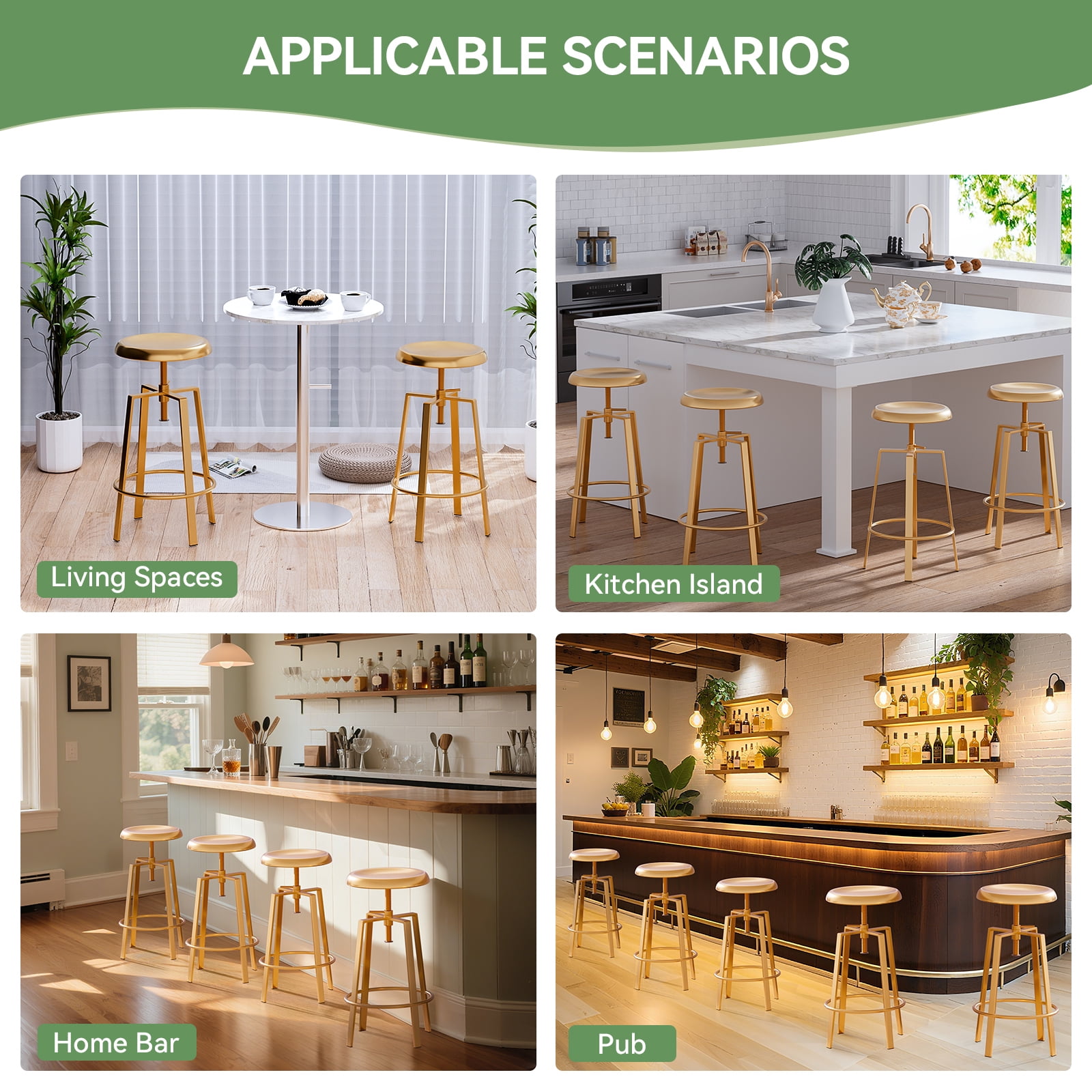 Industrial Bar Stools Set of 2, Metal Adjustable Swivel Four Legged Round Barstools, Atlas Backless Counter Height Bar Chairs for Kitchen Dining, Gold