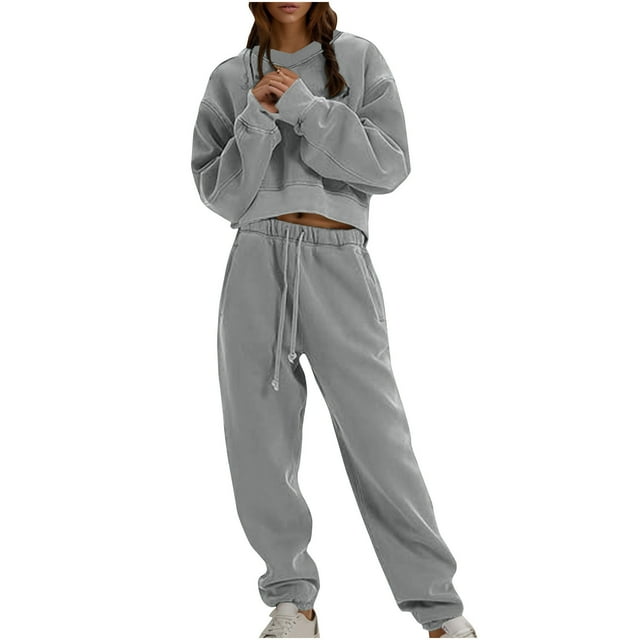 Timegard Womens 2 Piece Outfits Sweatsuit Set Cropped Sweatshirt Wide Leg Sweatpants Athletic Lounge Sets