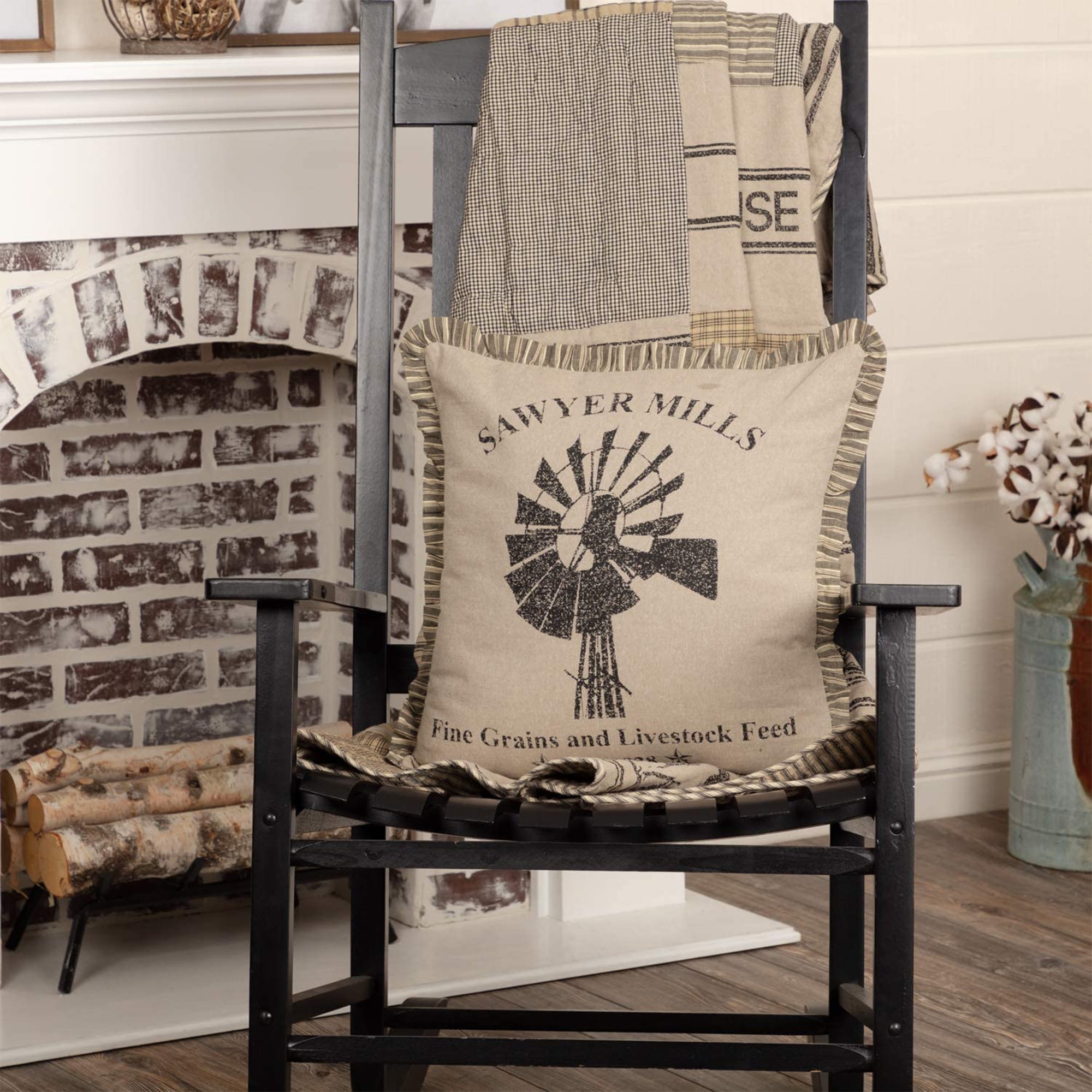 VHC Brands Sawyer Mill 18x18" Square Accent Throw Pillow, Windmill, Charcoal
