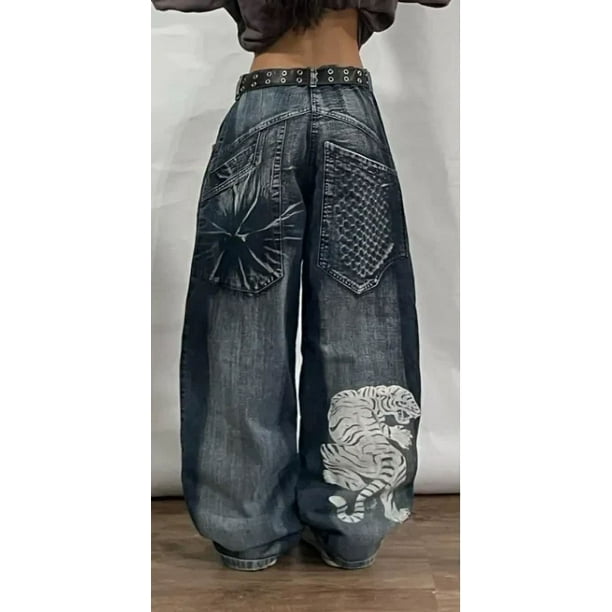 Ropa de calle Vintage de los años 90, pantalones vaqueros JNCO con ala grande bordada en negro, pantalones vaqueros holgados para mujer Y2K, nuevos pantalones anchos góticos Harajuku hip-hop