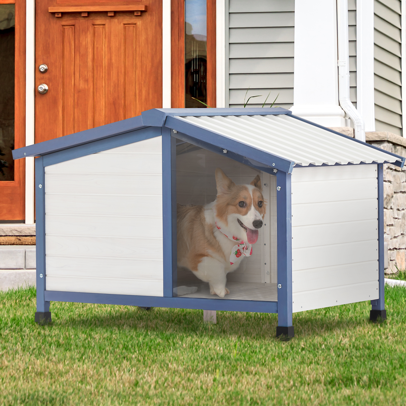 Petsfit Outdoor Dog House, Openable Asphalt Roof Dog House for Medium Dogs, Waterproof PVC Roof, White