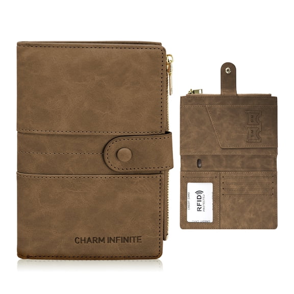 RFID Blocking Passport Holder with Vaccine Card Slot Protector Passport and Vaccine Card Holder Combo Leather Bi-fold Large Capacity Travel Wallet With Zipper Gifts for Women Men(Brown)