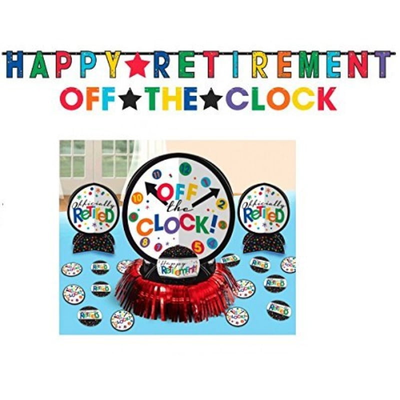 retirement party supplies happy retirement jumbo 12 ft. banner, off the clock 6ft. banner
