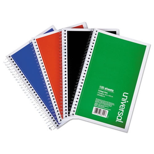 Universal UNV66414 9.5 in. x 6 in., 3 Subjects, Medium/College Rule, Wirebound Notebook - Assorted Color Covers (120 Sheets/Notebook, 4/Pack)