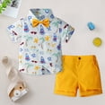 thumbnail image 2 of Kaprioy Boys Summer Outfits Short Sleeve Hawaii Coconut Tree Print Button Down Bow Tie T Shirt Top Solid Shorts Boys Party Holiday Gentleman Suit, 2 of 6