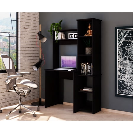 Space Desk In Black With Five Shelves And Two Upper Open Superior Study