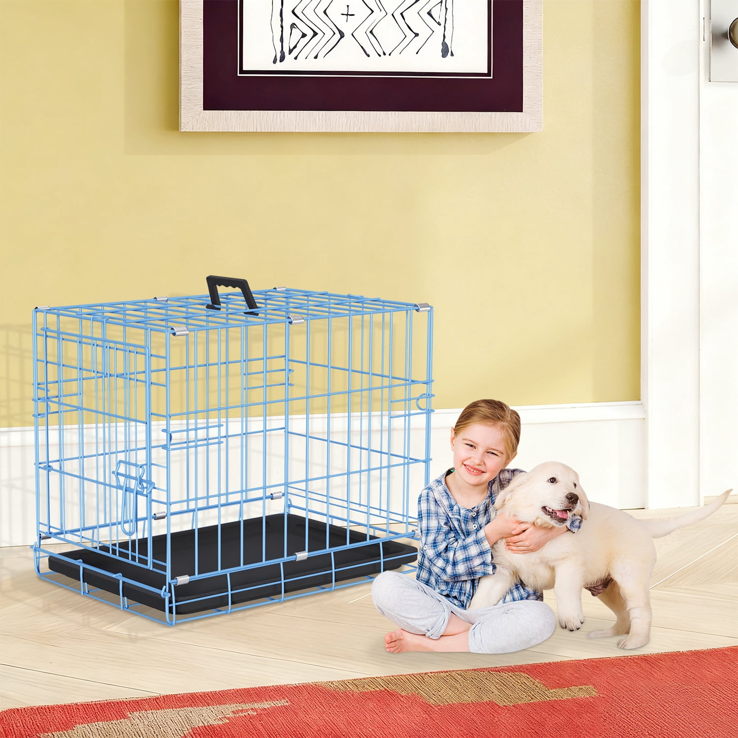 Small Dog Crate 18" Puppy Cage Dog Kennel Dog Cage Foldable Metal Wire Pet Cage with Handle Plastic Tray for Puppies （Blue）