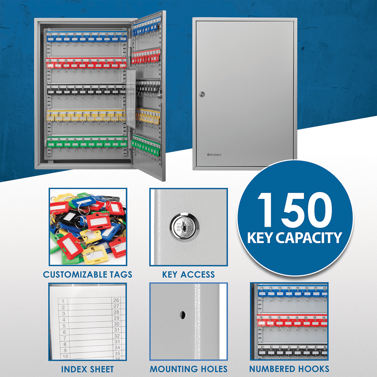Vacmaster 150-Position key cabinet lock box – Solid Steel Key Cabinet Wall-Mount Organizer,Key Organizer Key Safe for Home Office Garage Rental Business,with Numbered Hooks, Color Tags