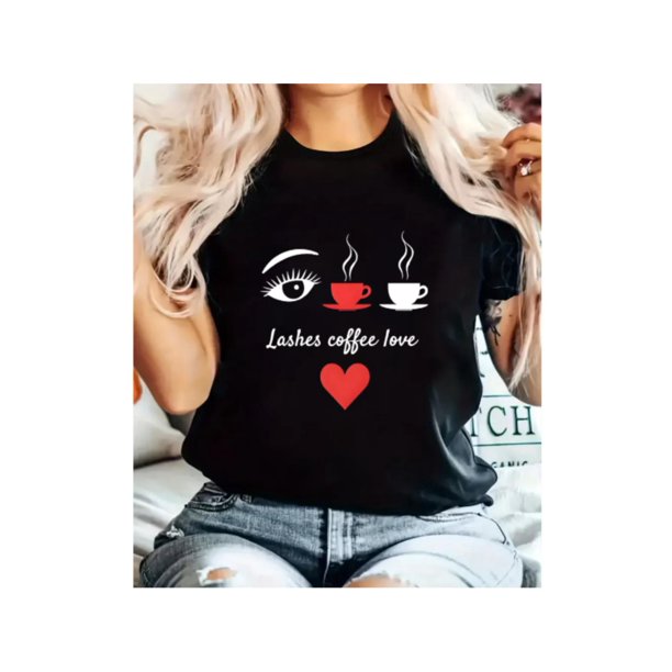 Valentine's Day Women's MTV-Inspired Leopard Print Casual T-Shirt - "Lashes & Coffee Love" Graphic, Camisetas para mujer, lindas camisetas con estampado gráfico, de manga corta, estilo casual, para ve