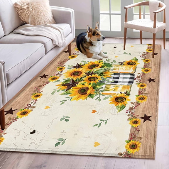 Country Star Sunflower Area Rug 3x5 Washable Rug Non Slip Vintage Farmhouse Brown Wooden Large Area Rug Indoor Floor Carpet for Entryway Bedroom Kitchen Living Room Home Office Dining Room Nursery