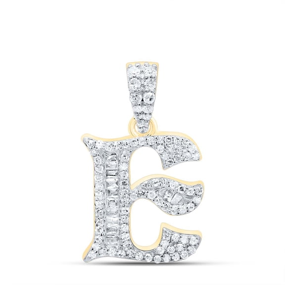 10K Yellow Gold Baguette Diamond Old English Block Font Initial E Pendant 1/3 CT
