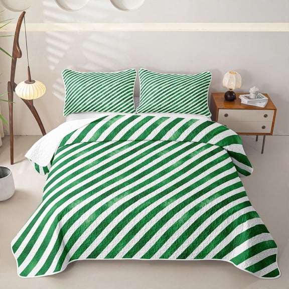 Manfei Vintage Striped Candy Twin Quilt Set,Farmhouse Christmas Twin Coverlet Set,Green White,2 Pieces,1 Bedspread and 1 Pillowcase