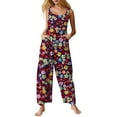 thumbnail image 2 of Linen Overalls for Women Plus Size Fit Casual Floral Printed Linen Jumpsuits High Waist Wide Adjustable Bib Overall Red 3XL, 2 of 6