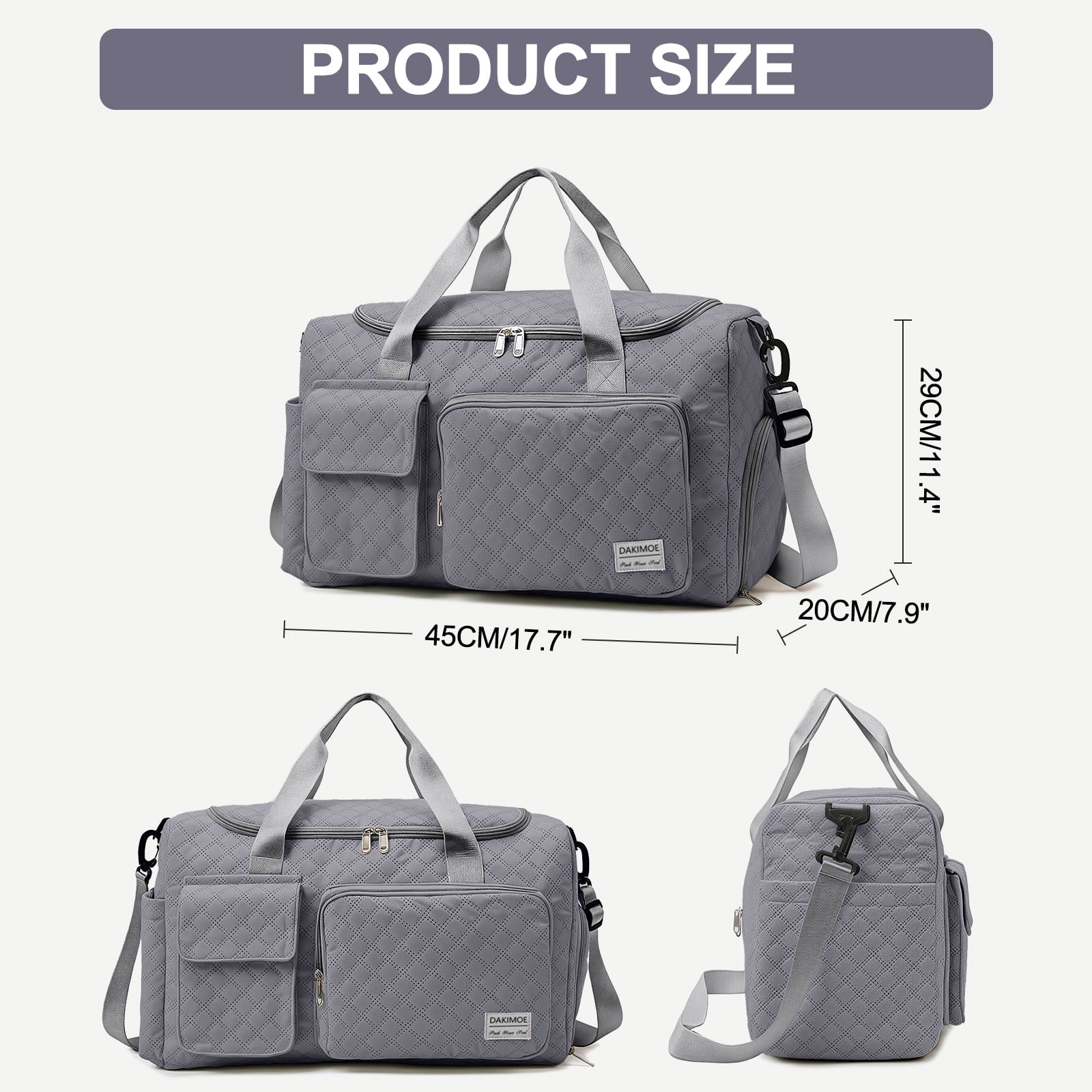 DAKIMOE Travel Duffle Bag for Women Men, Weekender Overnight Bags Carry on Gym Bag with Wet Pocket/Adjustable Strap/Shoe Compartment, Foldable Waterproof Duffel Tote for Plane Sports Dance, Gray