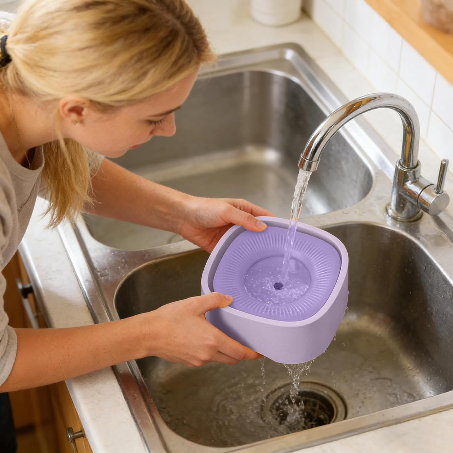 Dog and Cat Water Bowl, Slow-Feed Design with Raised Center and Base Pad