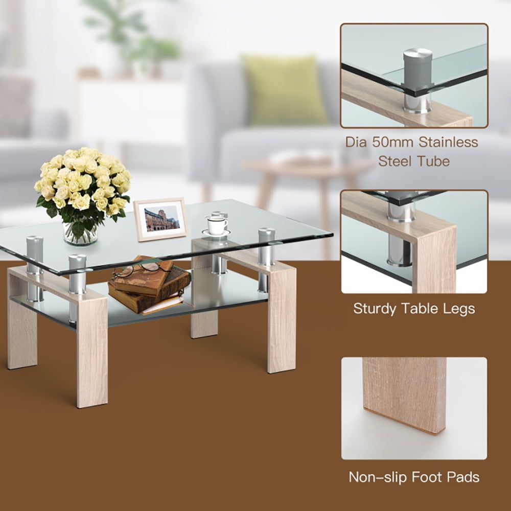 Finihen Glass Coffee Table, Rectangular Coffee Table, Rectangle Glass Coffee Table with Metal Legs, for Living Room, Reception Room, Natural Finihen Glass Coffee Table, Rectangular Coffee Table, Rectangle Glass Coffee Table with Metal Legs, for Living Room, Reception Room, Natural