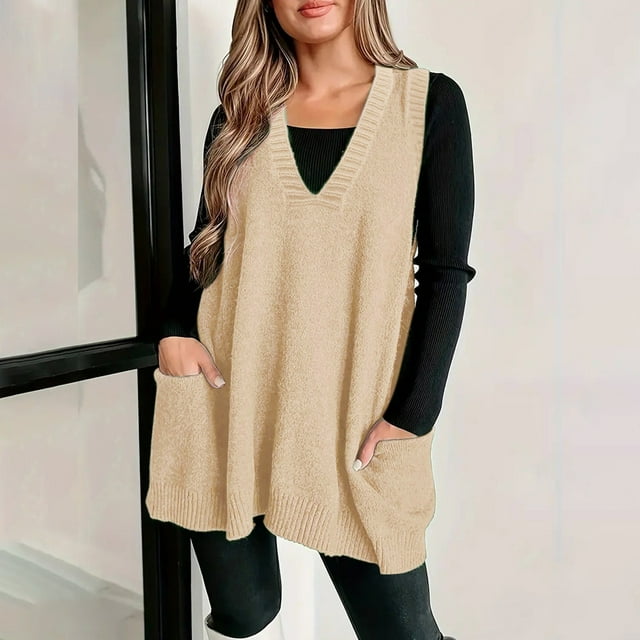 IMENGL Chandail Sans Manches à Poche Confortable, Col en v, Beige 3TG, Taille g-4TG