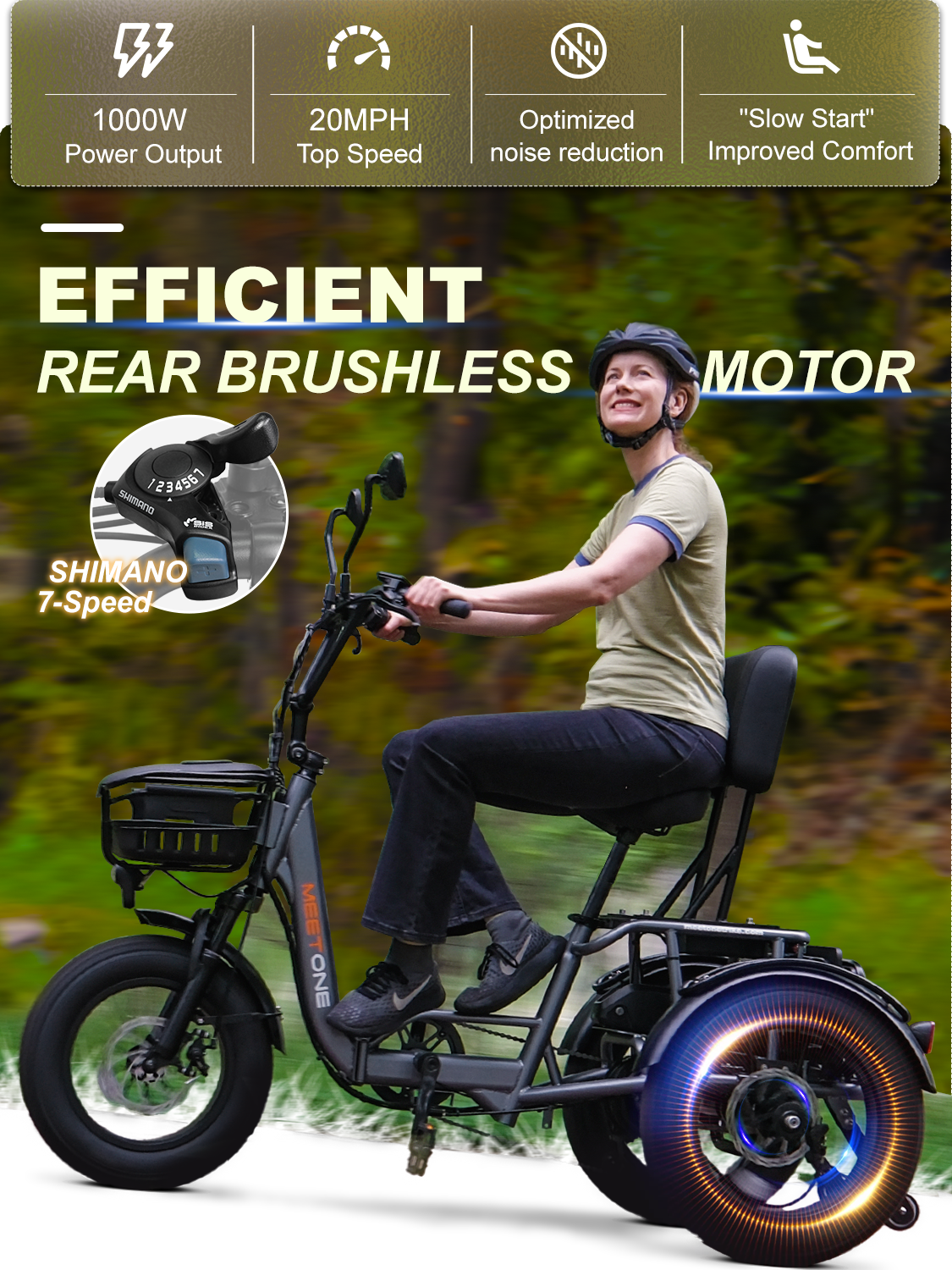 Breeze pro Folding Electric Tricycle for Adults, 1200W Electric Trike, 22MPH 100Miles 3 Wheel Electric Bike, Reverse Gear, Torque Sensor, 450lbs Load, F&R Baskets, 4'' Wide Fat Tire, UL Certified
