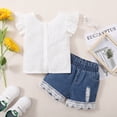 thumbnail image 3 of NZRVAWS Infant Baby Girl Summer Outfit Set Round Neck Ruffle Fly Sleeve Solid Color Top and Ripped Denim Shorts Set Baby Girl Clothes 12-18 Months, 3 of 8