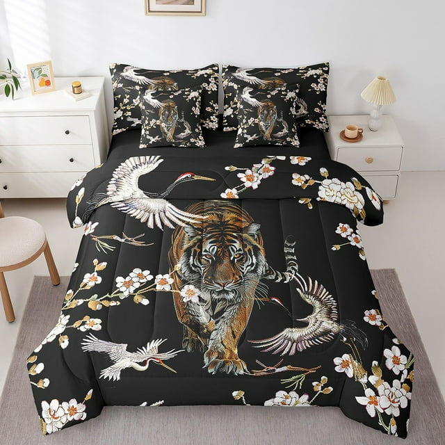 Tiger Lit en Sac Simple 7 Pcs, Ensemble de Literie Style Japonais Grue Fleur de Cerisier Réversible Design Grand Chat Africain, Ultra Doux et Respirant avec Couette, Draps, Taies d'Oreiller et Housses de Coussin