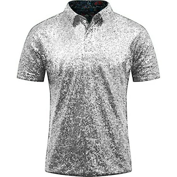 Camisa de fiesta disco con lentejuelas para hombre: manga corta
