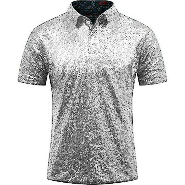 Camisa de fiesta disco con lentejuelas para hombre: manga corta, cuello vuelto, doble capa, 96 % poliéster, diseño brillante para discotecas.