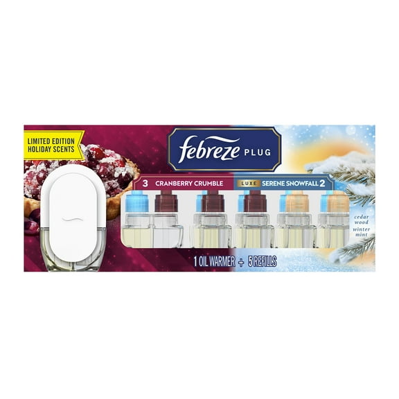 Febreze PLUG Air Freshener, Cranberry Crumble & Serene Snowfall Holiday Scents, 1 Warmer + 5 Refills, 4.35 fl. oz.
