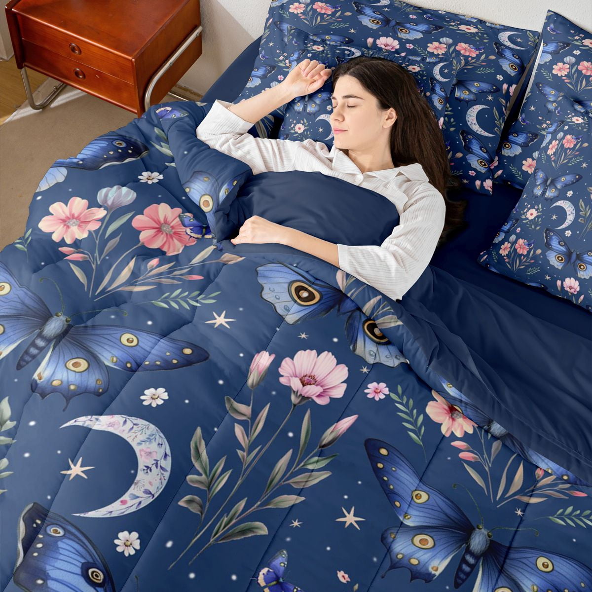 Homewish Flying Blue Butterflies 7 Pieces Bedding Comforter Set for Teens Female Men,Pink Floral Flower Full Bedding Set Lightweight,Dreamy Princess Fitted Sheet Flat Sheet,Microfiber Bedroom Decor